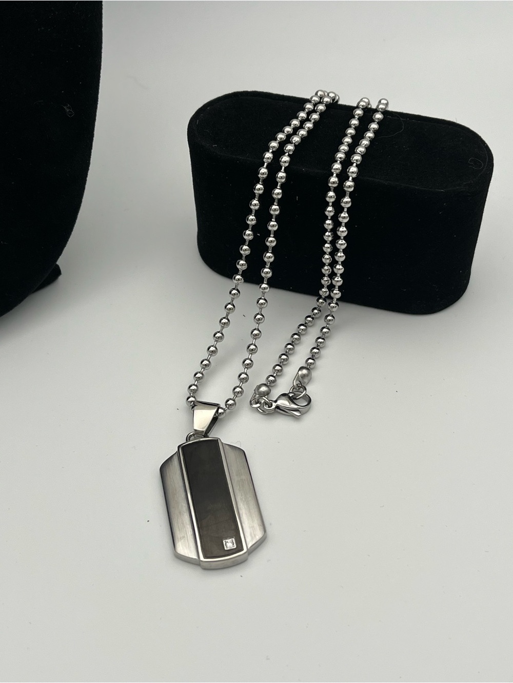 24”, Stainless Steel Dog Tag Pendant Necklace with Black Inlay and CZ